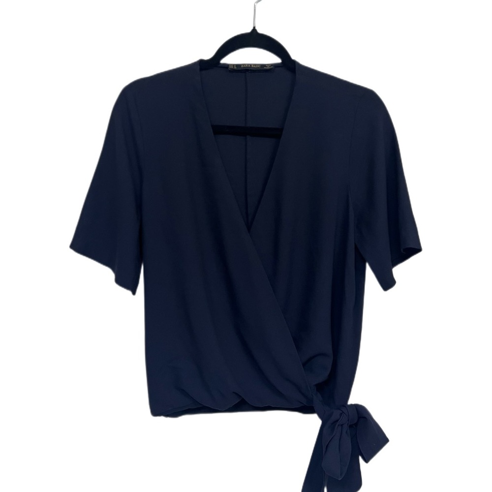 Zara Navy Wrap Short Sleeve Faux Wrap Blouse Size S